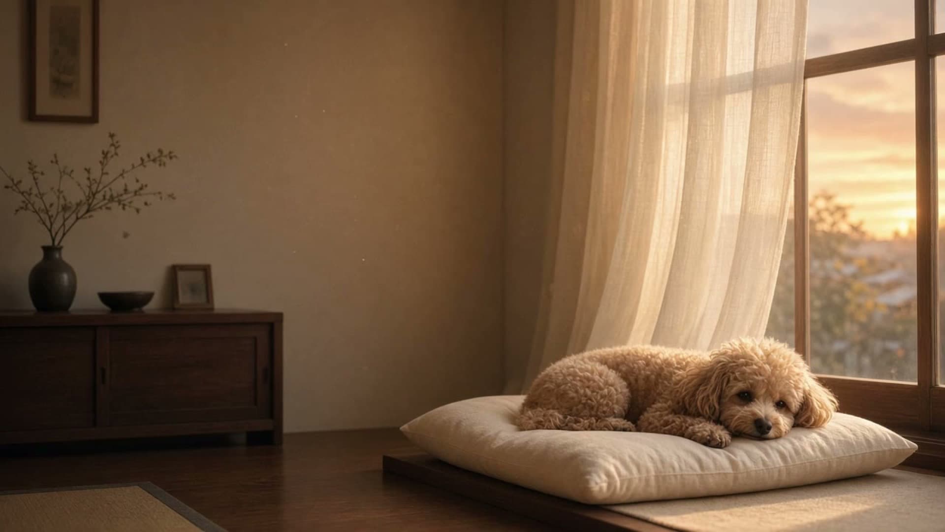夕暮れの縁側で、灯りのついた家を見つめる小さな犬