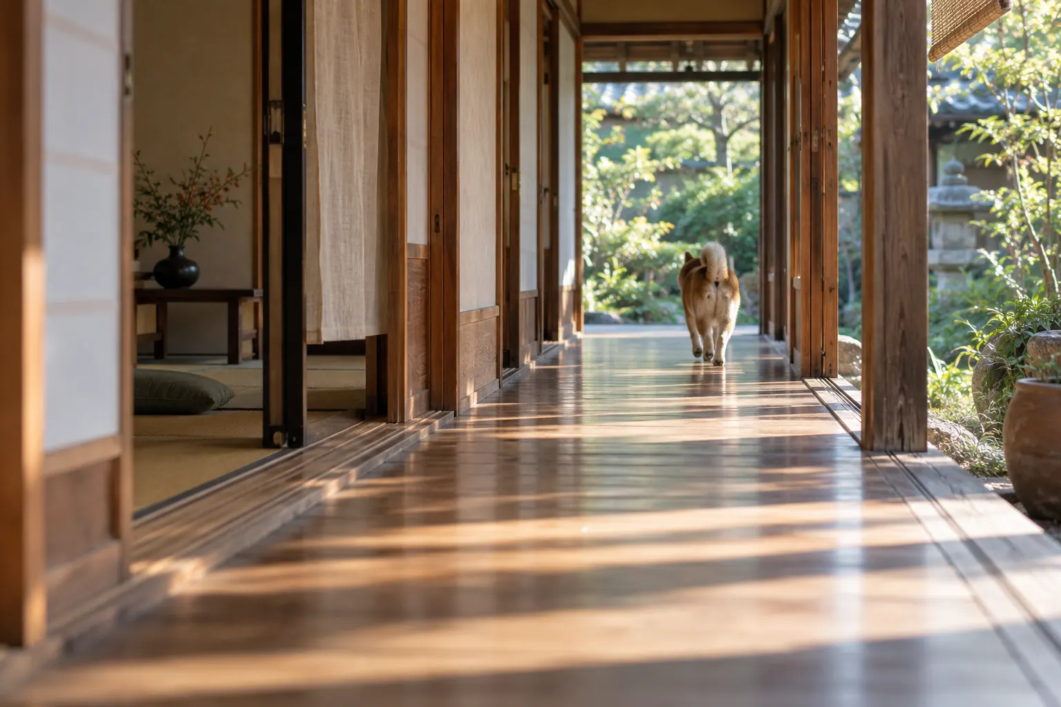 光の差す縁側を、柴犬が庭のほうへ歩いていく（イメージ）