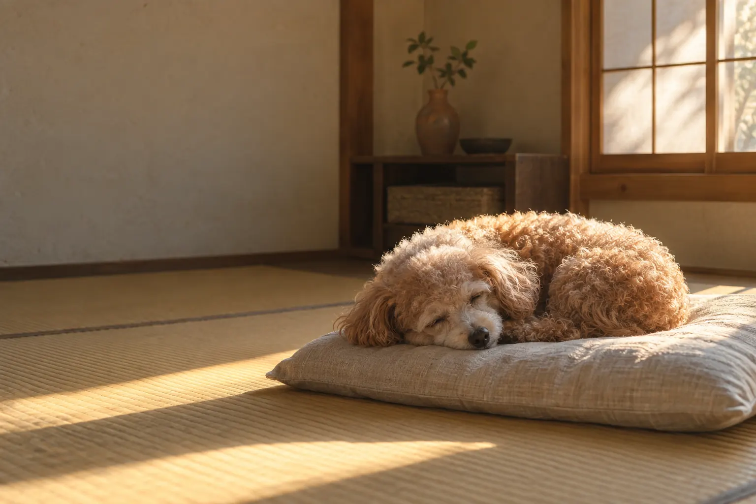 窓から差す夕方の光の中、座布団で眠るトイプードル（イメージ）