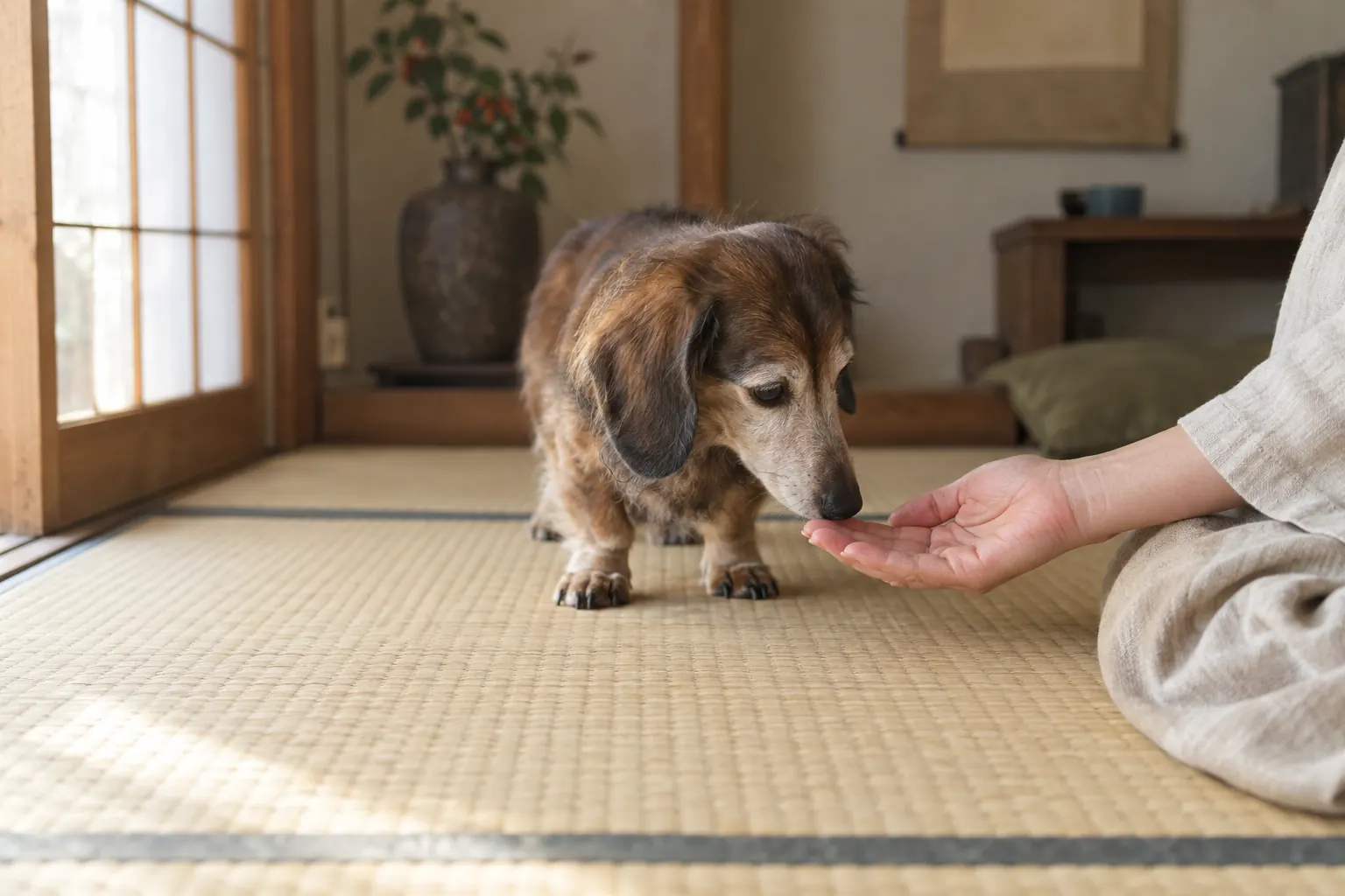 畳に置かれた手のひらに、年を重ねたダックスフンドが鼻を寄せている（イメージ）