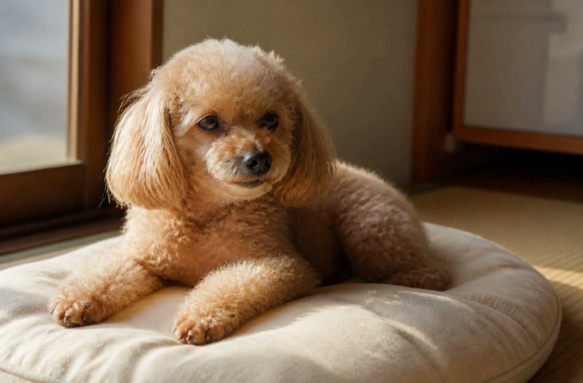 窓辺のクッションでまどろむ繁殖引退犬